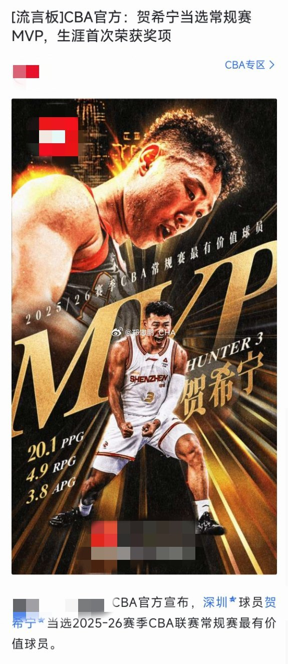 贺希宁荣膺CBA常规赛MVP 网络版权争议引热议